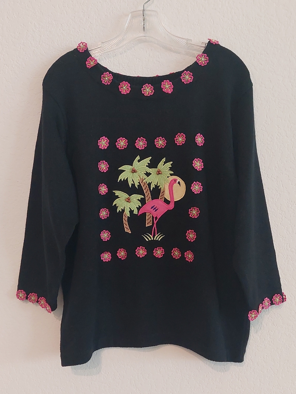 TIMBERLEA Embroidered Flamingo Palm Tree Embellished Black Knit Sweater NWT